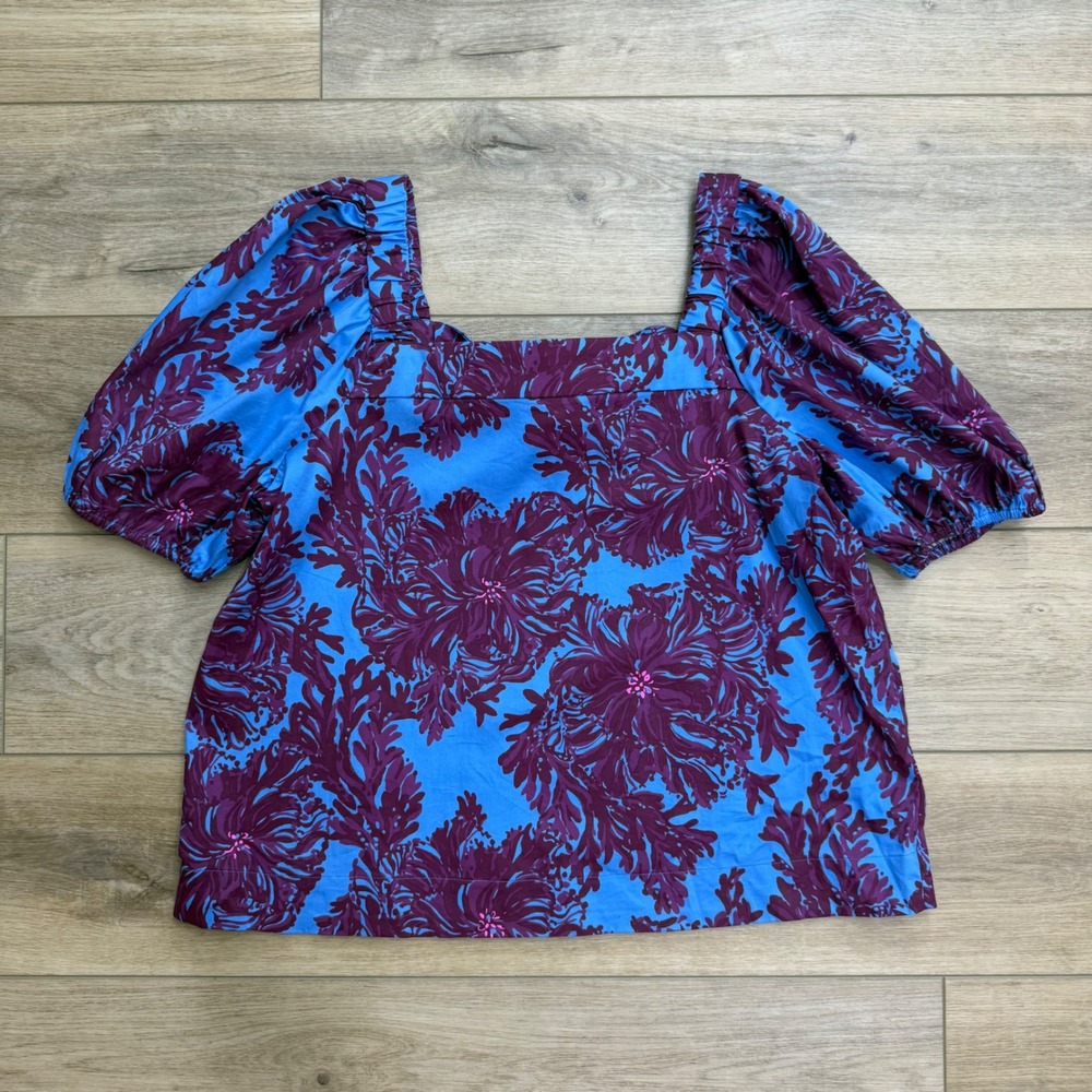 Lilly Pulitzer Torrey Top Blue Purple Floral Puff Sleeve Square Neck Blouse 14